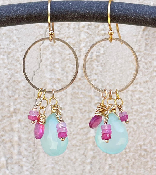 Aqua Chalcedony and Pink Sapphire Hoops