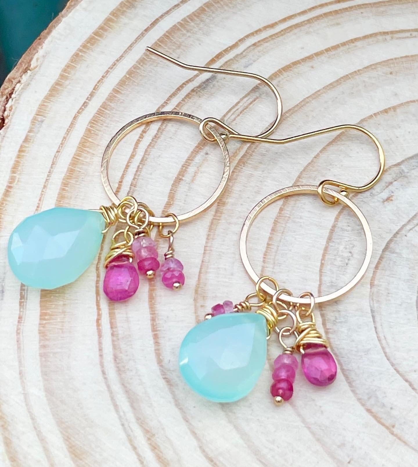 Aqua Chalcedony and Pink Sapphire Hoops