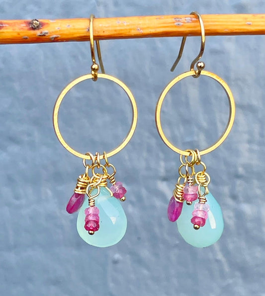 Aqua Chalcedony and Pink Sapphire Hoops